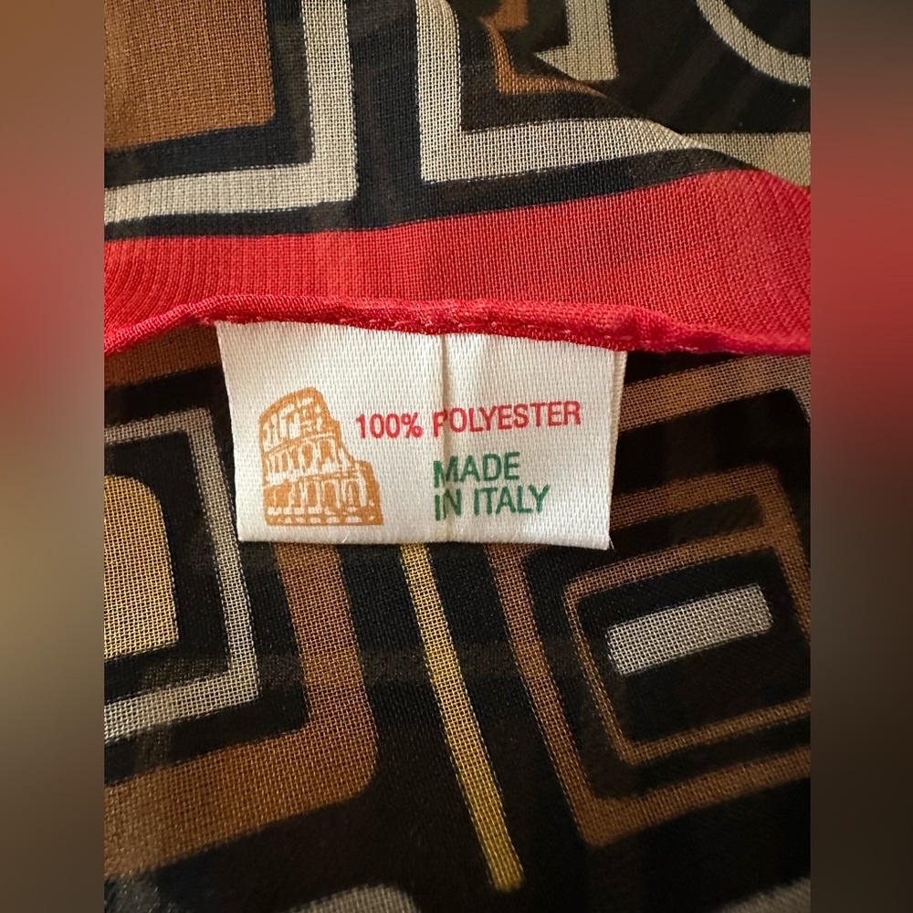 Vtg Italian Square Scarf with Multi-colored Geometric and Red Edging - Picture 7 of 14